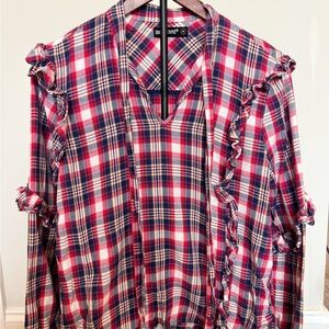 Blank NYC Red and Blue Plaid Ruffle Blouse